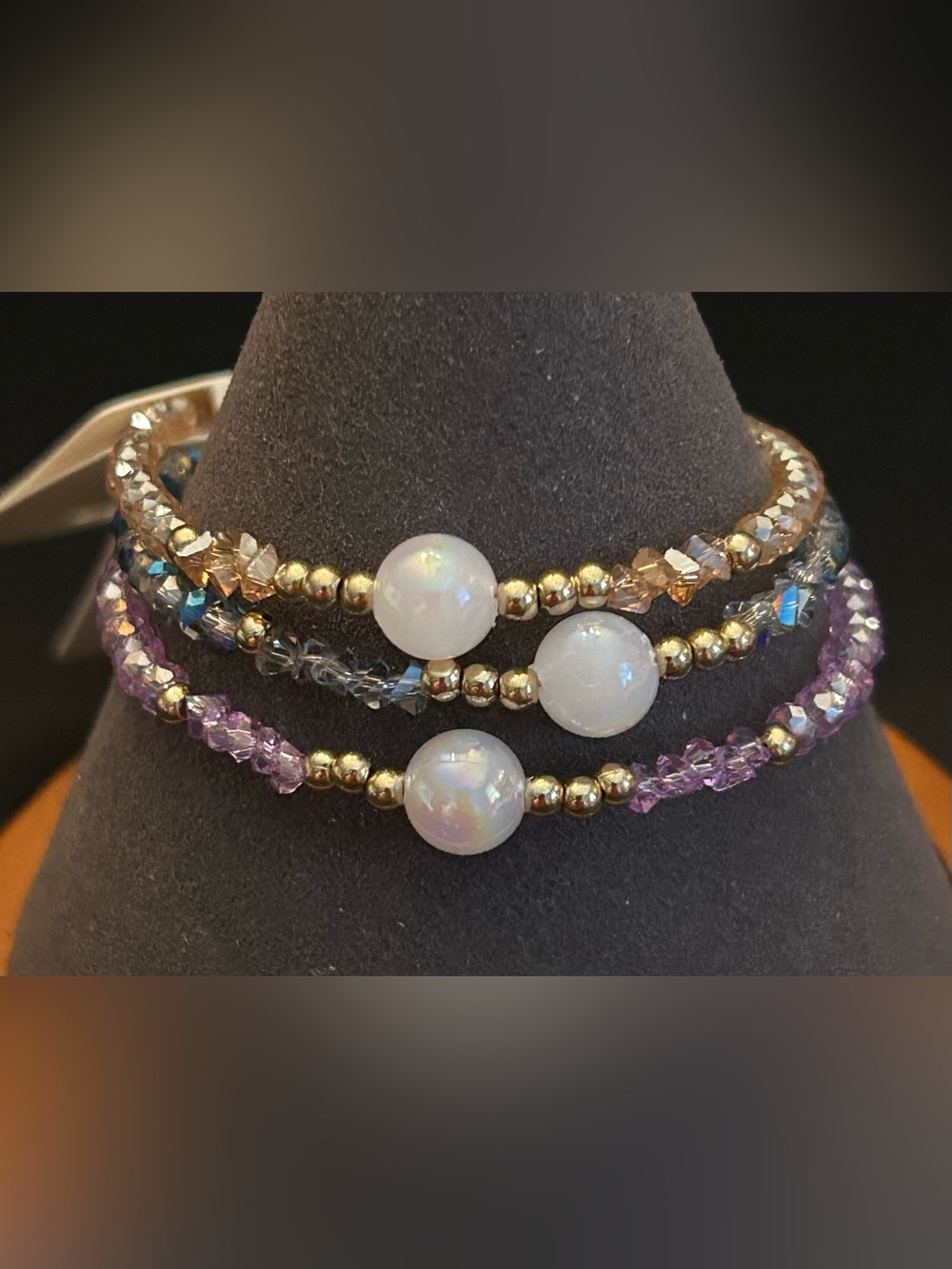 SET of (3) Three Colored Iridescent Beaded Bracelet w/Golden Clasp NWT